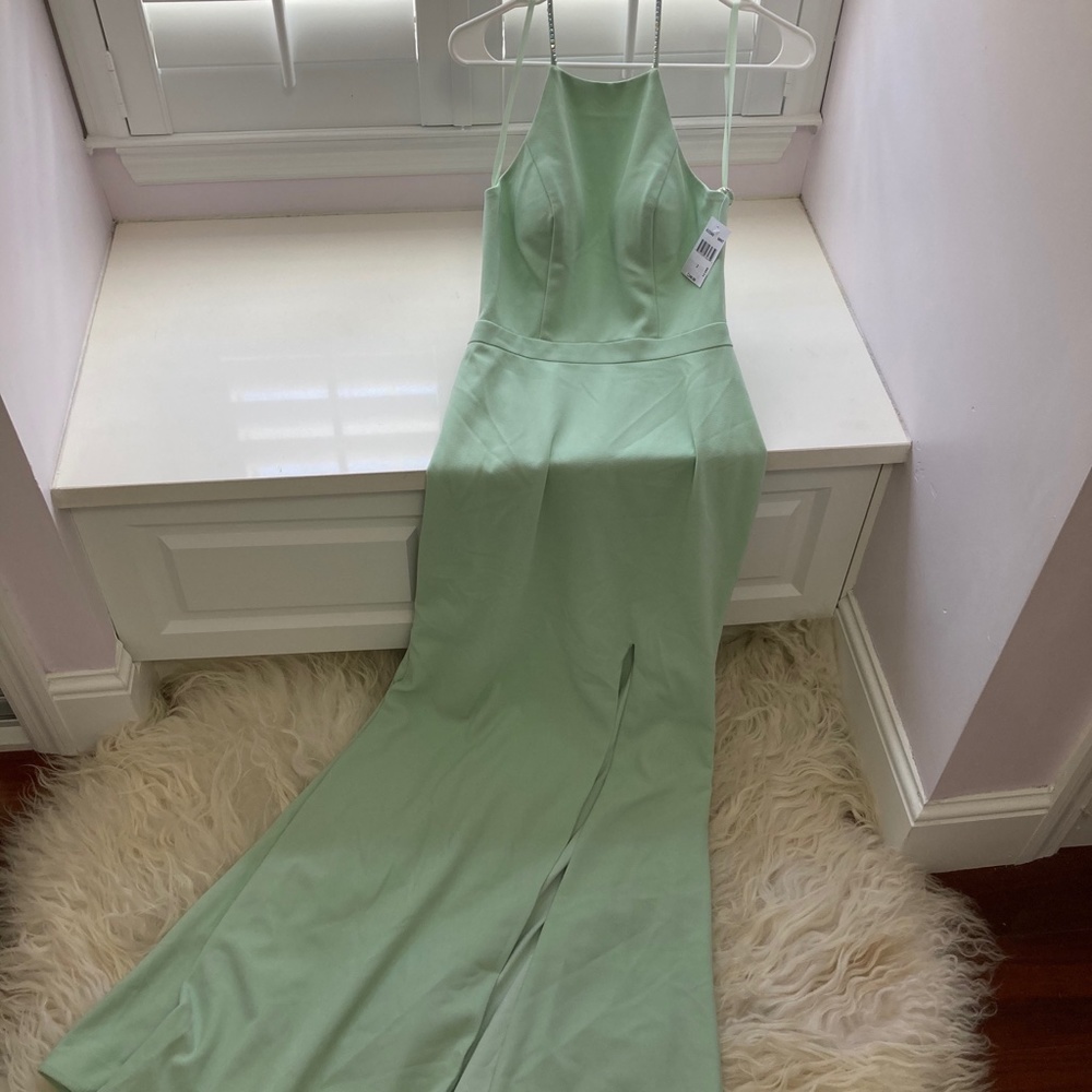 AQUA EMBELLISHED HALTER EVENING DRESS - Picture 6 of 16